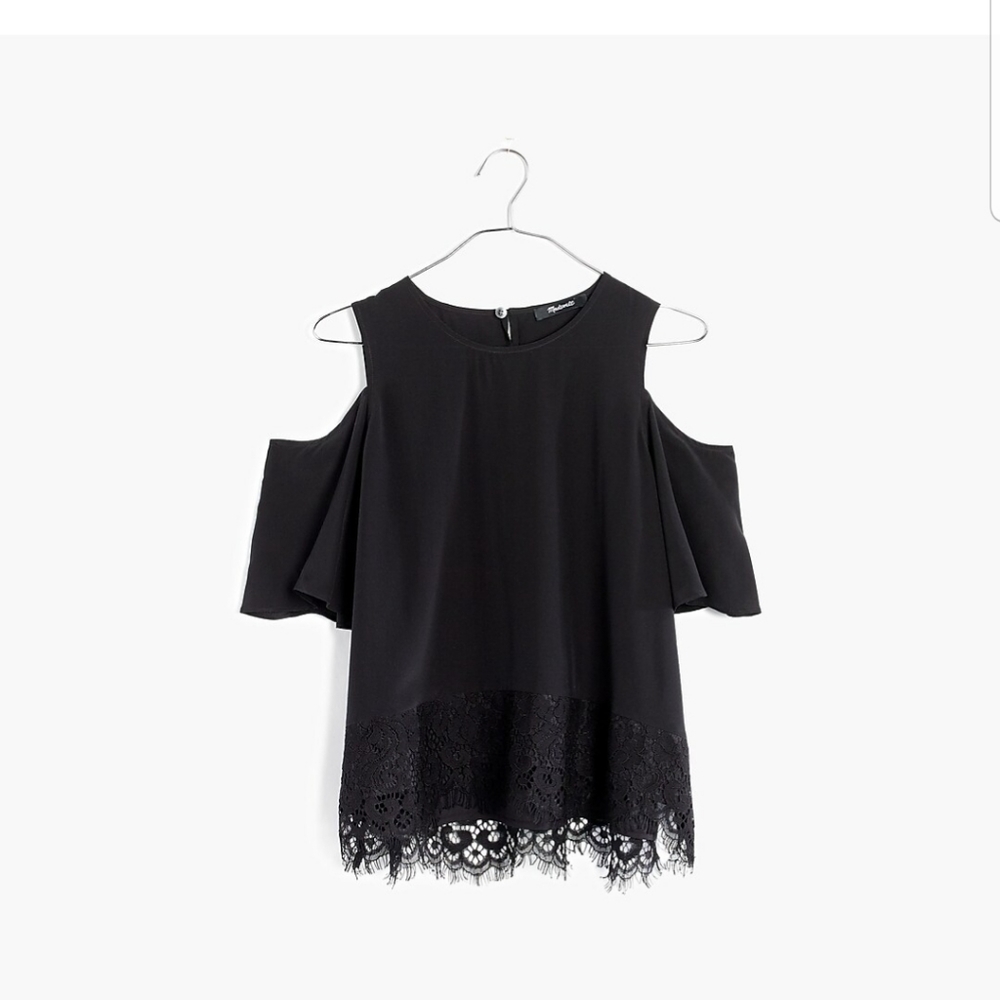 Madewell Black Lace-Edged Silk Cold-Shoulder Top Sz XS